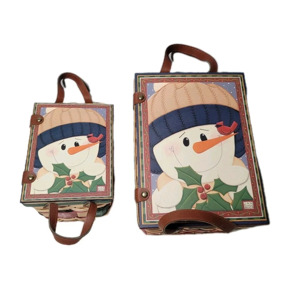 2 Christmas Baskets With Snowman Lg. & Sm Jan Shade Beach Weaved Leather Handles